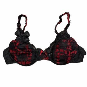 80s/90s Italian Vintage Tutti Colori Floral Lace Unlined Bra w Bow Black/Red 34C